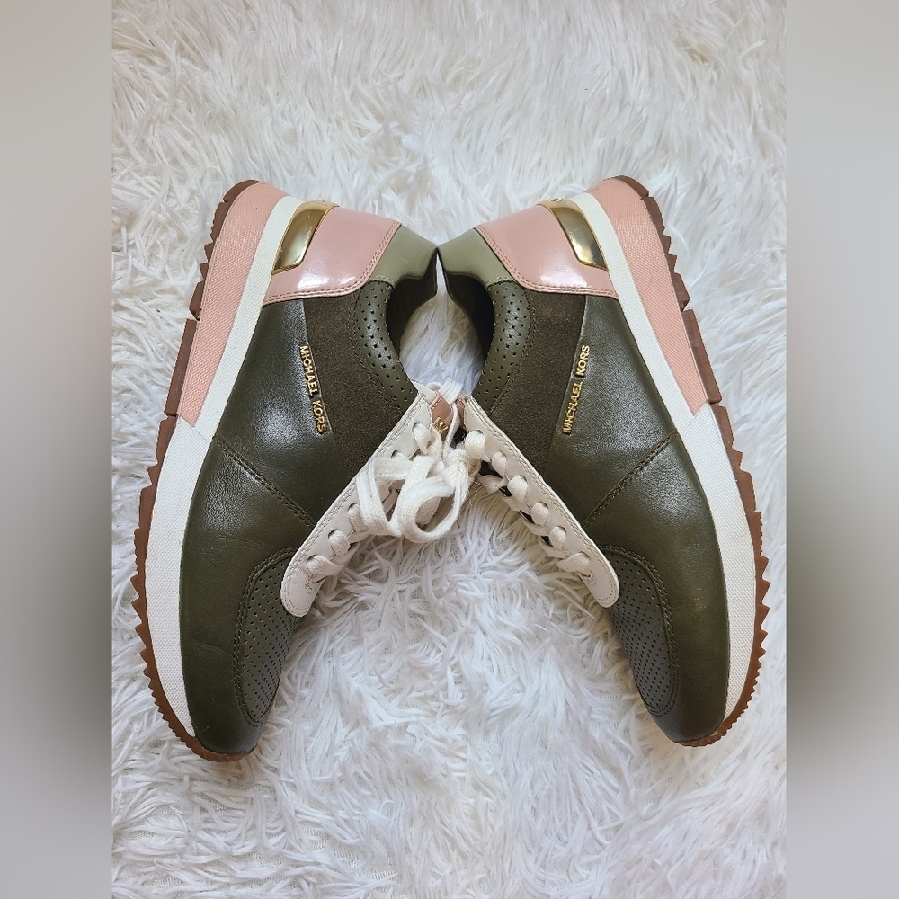 Michael Kors Olive Green W/ Pink and White Accent leather Sneakers Bubbl…​ - Picture 2 of 8
